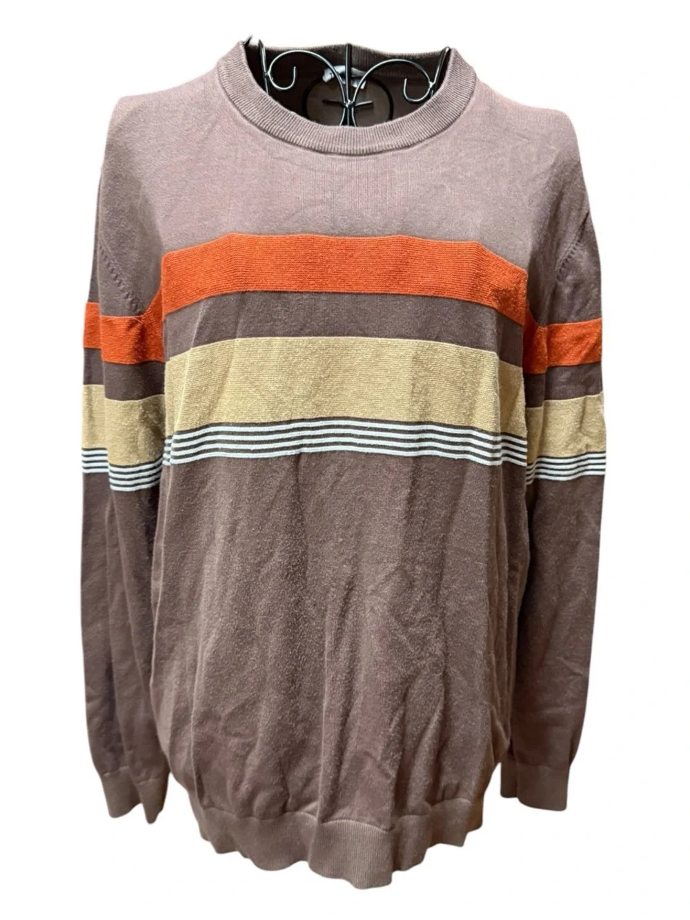 Zyia Active Unisex Brown Crewneck Sweater with Orange and Cream Stripes Medium
